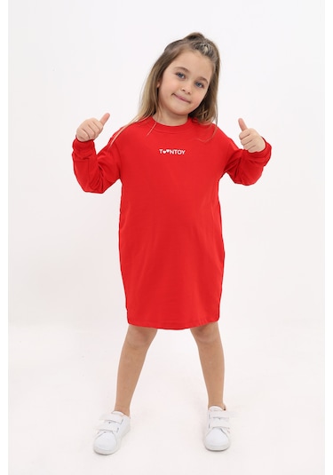 Toontoy Kız Çocuk Bisiklet Yaka Baskılı Elbise Kırmızı