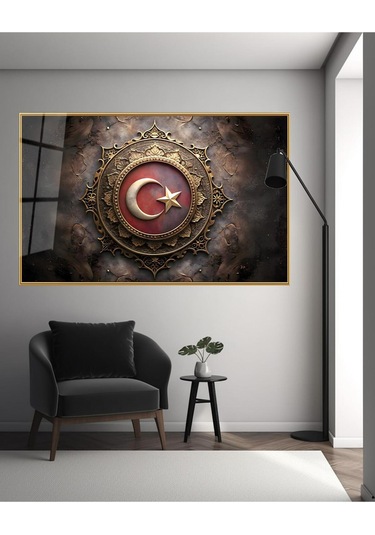 Modern Türk Bayrağı Cam Tablo Ev Ofis Makam Odası Büyük Boy Duvar Dekoru
