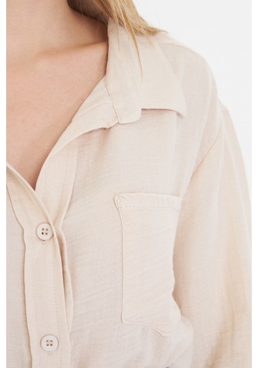 Kadın Oversize Basic Cepli Müslin Gömlek Bej
