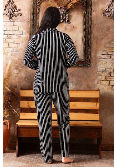 Lukitus Kadife Gömlek Yaka Kadın Pijama Takımı Siyah