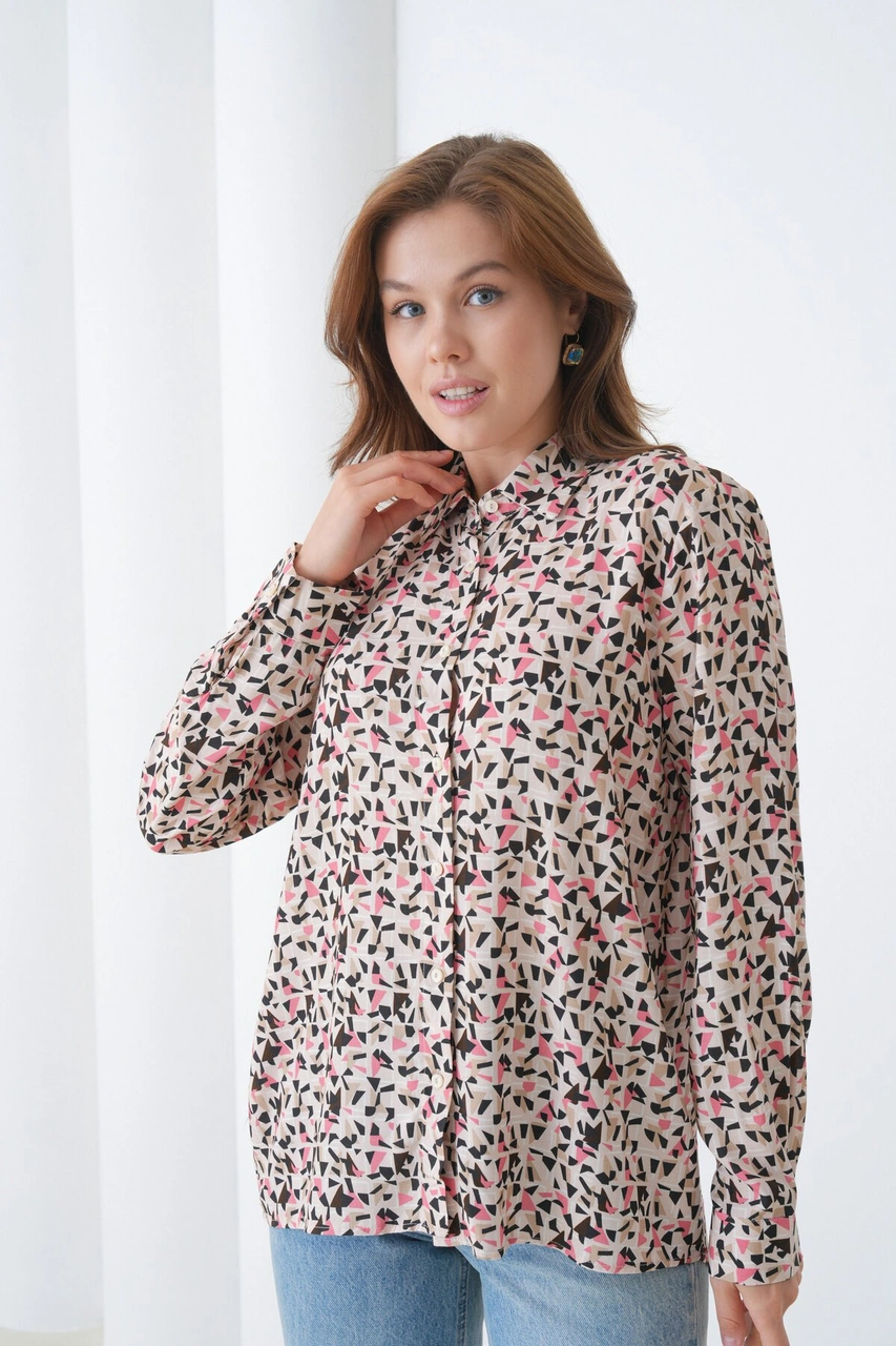 Kadın Tesettüre Uygun Desenli Uzun Kol Pamuk Şık Büyük Beden Desenli Curve Rahat Gömlek Kahverengi