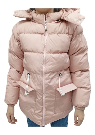 Kız Çocuk Kapüşonu Çıkabilen Fermuar Kapamalı Beli İp Bağlamalı İçi Peluş Astarlı Pembe Mont Pembe