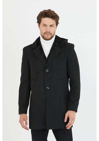 Erkek Antrasit Yün Karışımlı Kaşe Kapüşonlu Önü Fermuarlı Kaban Antrasit