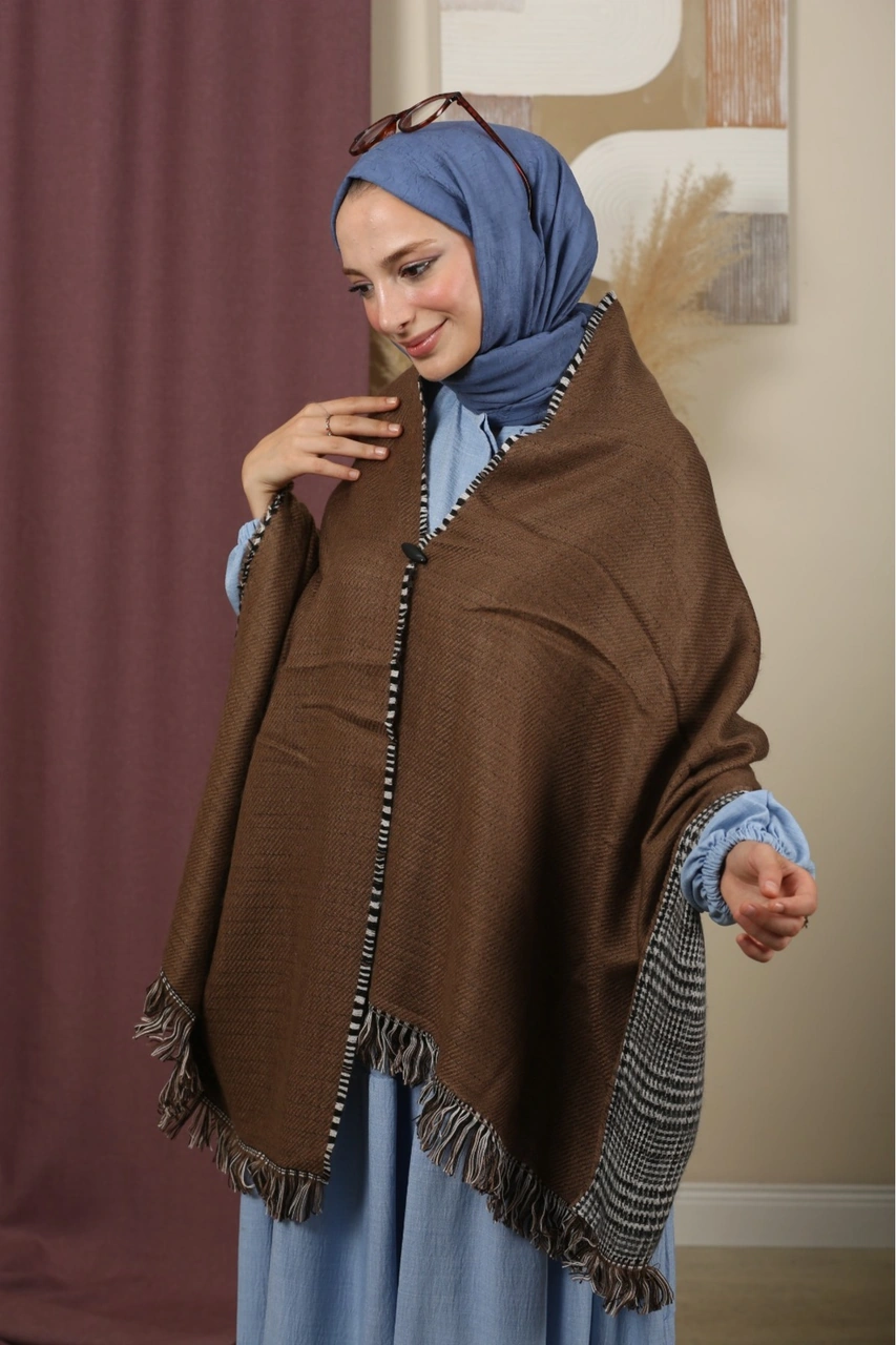 Çift Taraflı Ekose Kışlık Omuz Şalı Kahve
