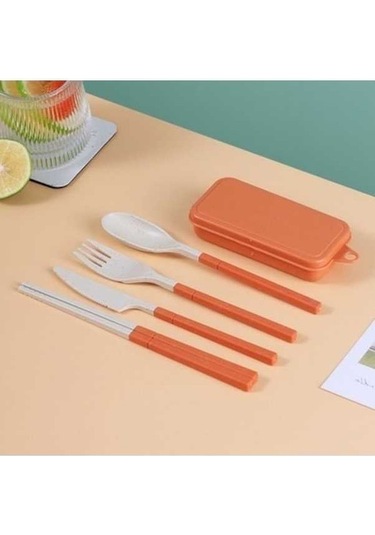Fastbuy Yeniden Kullanılabilir Seyahat Kamp Beslenme Çantası İçin Kaşık Çatal Set Turuncu Turuncu Turuncu