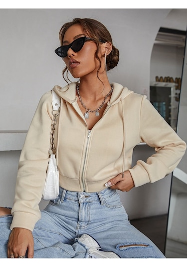 Kadın Kapüşonlu Fermuarlı Crop Hırka Sweatshirt -üç İplik Şardonlu