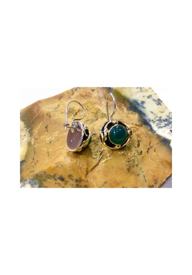 Gumusevi Yeşil Akik Taşlı Gümüş Küpe 925 Ayar El Işi N11.96536