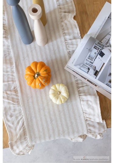 Bej Çizgili 40x125 Cm Vintage Fırfırlı %100 Keten Pamuklu Amerikan Runner Bej