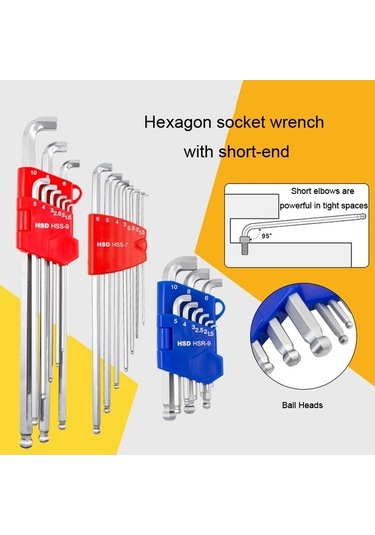 Pazly 7 Adet Hsd Hss-7 Uzun Top Uçlu Altıgen Anahtar Seti, Krom Vanadyum/s2 Çelik, Mekanik/otomobil/elektrikli Araba Bakımı