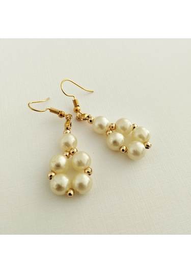 K204 İncili Sallantılı Küpe Altın - Beyaz