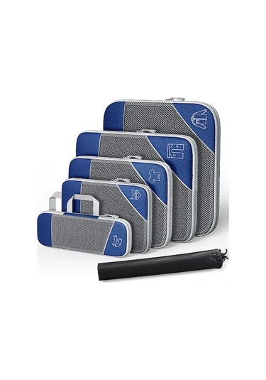 6 Adet Deniz Mavisi Sıkıştırılabilir Seyahat Organizer Seti - 5 Farklı Boyutlu Zıplayıcı Çanta Ve 1 İp Çanta İle 50% Yer Tasarrufu Diğer Diğer