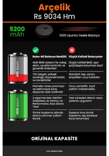 Arçelik Uyumlu RS 9034 5200mAh Robot Süpürge Bataryası