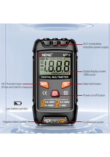 Aneng M113 1999 Sayımlar Mini Dijital Multimetre Ac / Dc Gerilim Ölçer Ohm Ncv Direnç Volt Test Cihazı Elektrik Aracı - Siyah