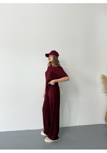 Kadın Modal Kısa Kolu Soft Touch Spor Takım Bordo