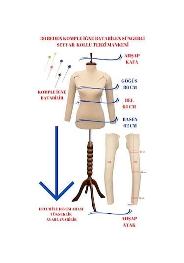 Dikiş Seti Seyyar Kollu 36 Beden İğne Batan Terzi Prova Mankeni