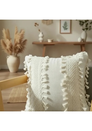 Özel Tasarım Ham Kalın Dantelli Keten Kırlent 2 Adet Kırlent Kılıfı 43 X 43 Krem