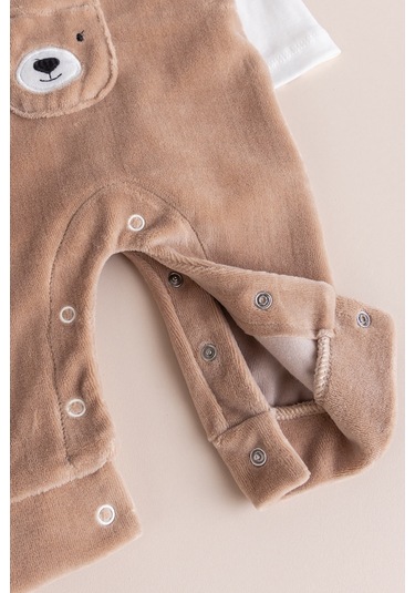 Fiğürlü Kışlık Kadife Erkek Bebek Salopet Tulum Set Kahverengi