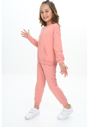 Toontoy Kız Çocuk Damla Nakışlı Eşofman Takım Koyu Pudra