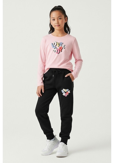 Yuvarlak Yaka Love Baskılı Kız Çocuk Alt-üst Takım Açık Pembe