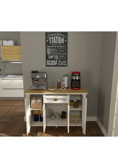 Valena Kahve Köşesi Erzak Dolabı Çok Amaçlı Dolap Airfry Dolabı 4 Kapaklı 1 Çekmeceli 120 Cm Minifixli Kahverengi