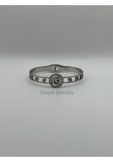 Arnes Jewelry Çelik Silver Zirkon Taşlı Kelepçe Bileklik Ar19 Silver