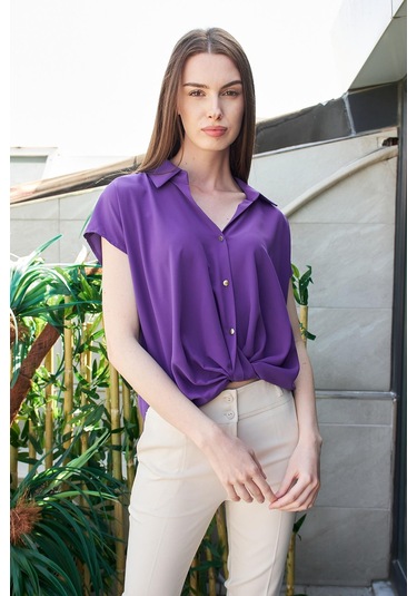 Likrasız Şık Kumaş Yakalı Düşük Omuzlu Önü Pileli Gömlek-eflatun Eflatun