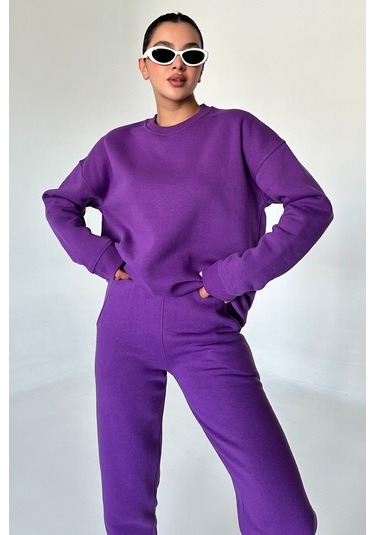 Modagen Unisex Mor Bisiklet Yaka Düz Oversize Alt-üst Eşofman Takımı Mor