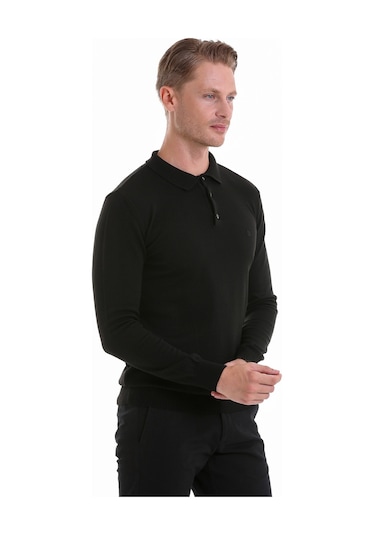 Hatemoğlu Regular Fit Düz Polo Yaka Triko Kazak Siyah