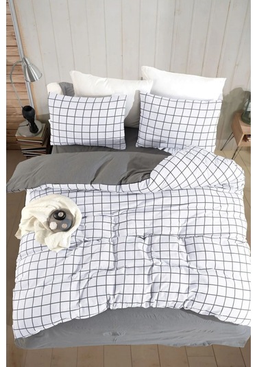 Kareli Beyaz Kolay Ütülenir Çift Kişilik Nevresim Takımı Baskılı