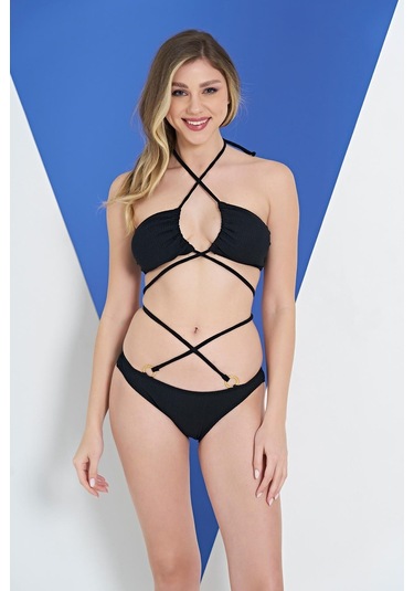 Ruko Maio 2315-1 Siyah Çapraz İp Modelli Boyundan Bağlamalı Bikini 001