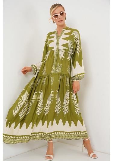 2423 Otantik Desenli Tesettür Elbise - Mint Yeşili Mint Yeşili