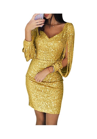 Tuomeng Kadınların Popüler Avrupa Ve Amerikan V Yaka Püskül Uzun Kollu Etek Sarı