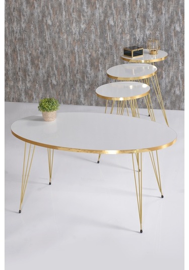 Zigon Sehpa Ve Orta Sehpa Elips Set Gold Beyaz Tel Ayak