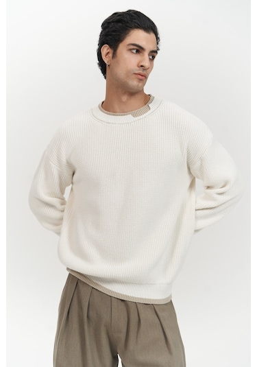 Carter Çift Yaka Detaylı Ekru Erkek Triko Kazak Ekru