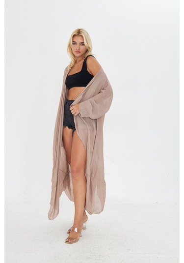 Kutaf Vizon Uzun Soft Yumuşak Kimono Bej - Taba