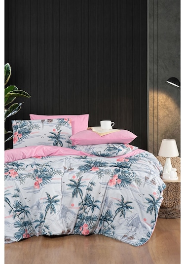 Mystory Home Lastikli Çarşaflı Çift Kişilik Nevresim Takımı Palmiye Mavi - Pudra