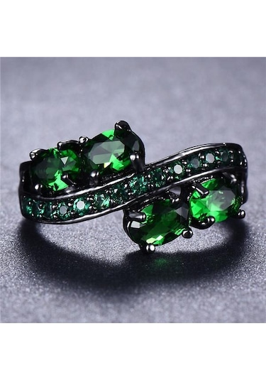 Zarif Oval Kesim Mavi Cz Taş Alyans Siyah Altın Takı Hediye Boyutu 5-11 6 Yeşil