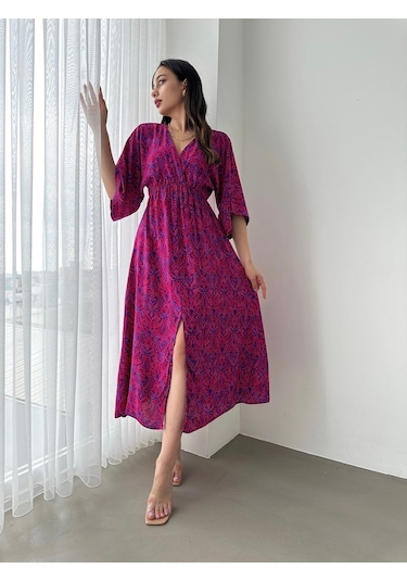 Kadın Kruvaze Yaka Yırtmaçlı Uzun Yazlık Elbise Mavi