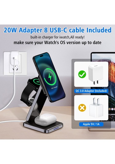 Dh11 3'ü 1 Arada Katlanabilir Şarj Standı Telefon İzle Kulaklık Çinko Alaşım Manyetik Kablosuz Şarj Cihazı Siyah