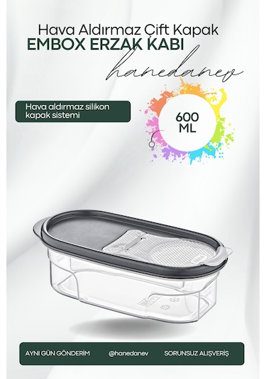 Embox Çift Kapak Sistemli Erzak Kabı - Hava Aldırmaz Kapaklı Saklama Kabı 600 Ml 9 X 6 Cm Şeffaf