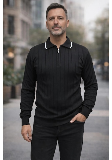 Bigümex Erkek Çizgili Polo Yaka Fermuarlı Sweatshirt Siyah