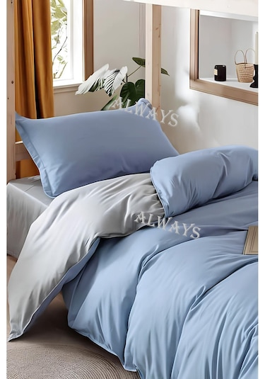 Always Çarşafı Lastikli Çift Taraflı Tek Kişilik Nevresim Takımı - Mavi Gri