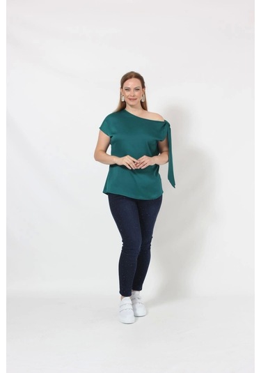 3250y Yeşil Tek Omuz Bağlama Detaylı Bluz Yeşil