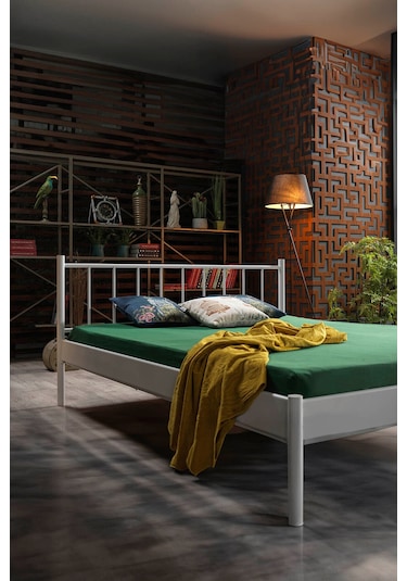 Falez-s Çift Kişilik Ferforje Metal Karyola-beyaz Ahşap Latalı