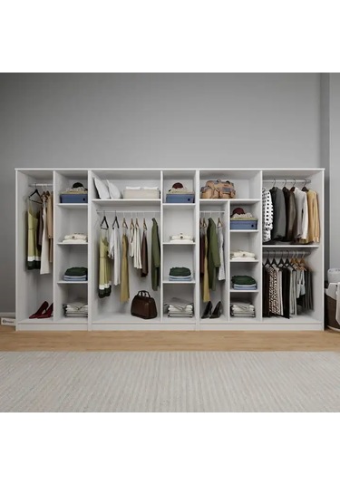 Kardelen Serisi 340 Cm Mat Beyaz 9 Kapılı 14 Raflı Elbise Dolabı - Gardırop Seti Beyaz