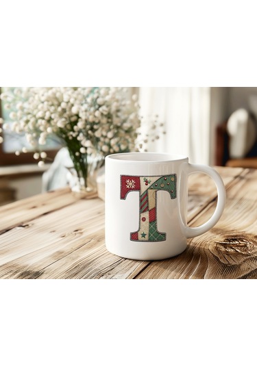 T Harfi Yılbaşı Temalı Kupa Bardak - Yeni Yıl Konsept Yamalı Efekt Tasarım - Noel Hediye Beyaz