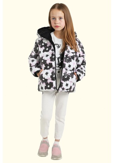 Kız Çocuk Pusula Desen Polar Su Ve Rüzgar Geçirmez Kapüşonlu Şişme Kışlık Mont Beyaz