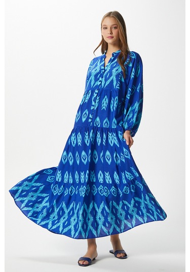 Modest Kadın Megan %100 Viskon Maksi Boy Mavi Katlı Balon Kol Uzun Yazlık Elbise Maviaçıkmavi Açık Mavi