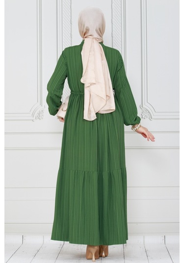 Gömlek Yaka Beli Tünelli Sare Elbise-yeşil-4075-yeşil Yeşil
