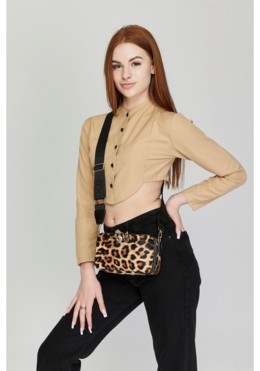 Morpelikan Leopar İki Bölmeli Kolon Askılı Kadın Omuz Çan Kahverengi